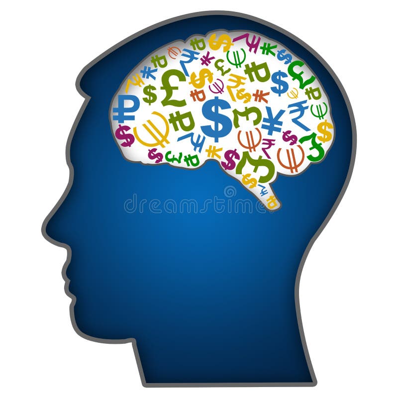 Human Face with Currency Symbols in Brain vector illustration