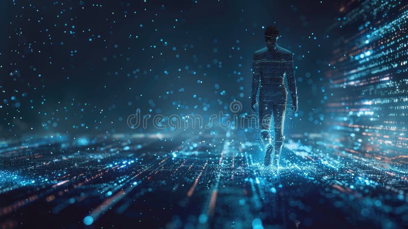 A human figure emerging from a matrix of digital codes and lines, representing the rise of innovation and digital royalty free stock images