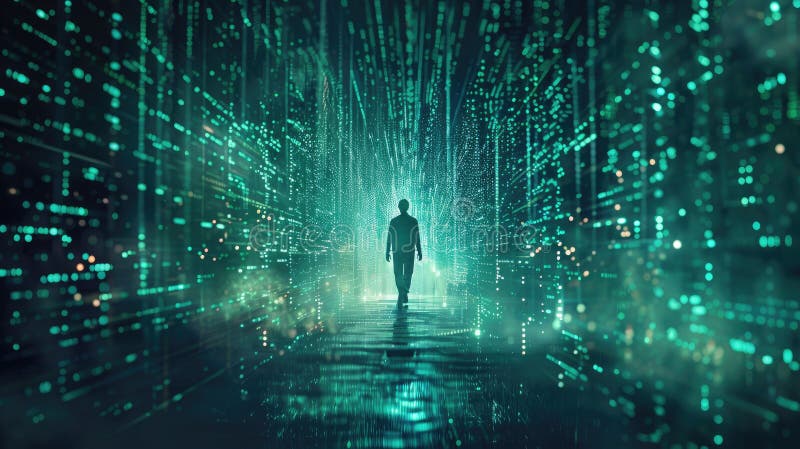 A human figure emerging from a matrix of digital codes and lines, representing the rise of innovation and digital royalty free stock photos