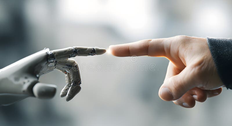 Human finger touches a robot hand artificial intelligence and the future of technology conceptual contact between man and machine stock illustration