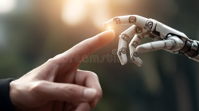 Human finger touching robot hand depicting artificial intelligence connection and technological future stock illustration