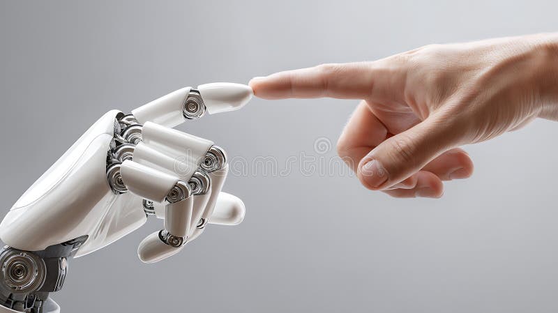 Human finger touching a robot finger representing technology future artificial intelligence and connection machine learning vector illustration