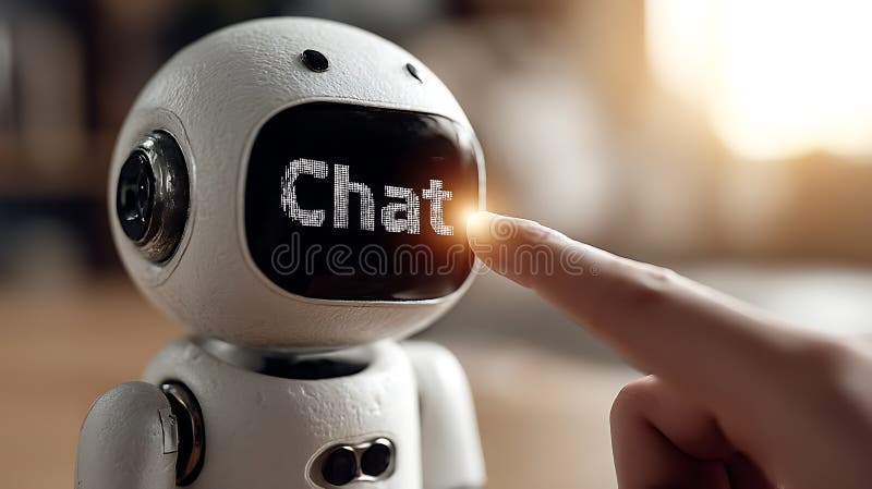 Human finger interacting with a chatbot robot technology demonstrating artificial intelligence and future communication trends for stock illustration