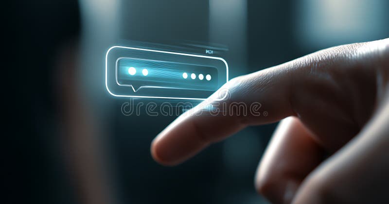 Human finger interacting with a digital chat interface represents futuristic communication and technology concept stock illustration