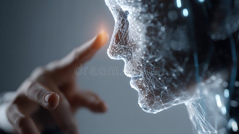 Human finger interacting with digital face representing ai connection between humans and technology in cyber future vector illustration