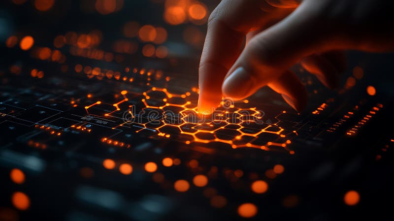 Human finger interacting with futuristic glowing hexagonal interface on dark background for artificial intelligence royalty free illustration