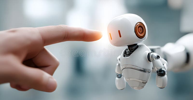 Human finger interacting with small robot artificial intelligence representing technology advancements and robotics innovation in royalty free illustration