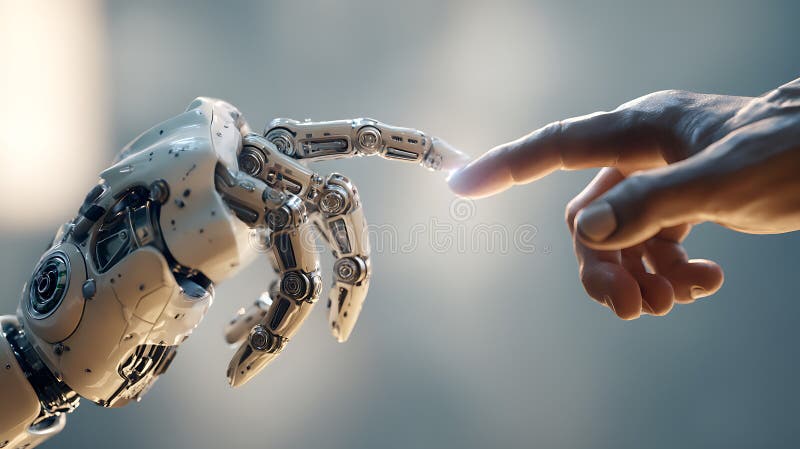 Human finger reaching robot hand artificial intelligence technology and future science concept connection between man and machine vector illustration