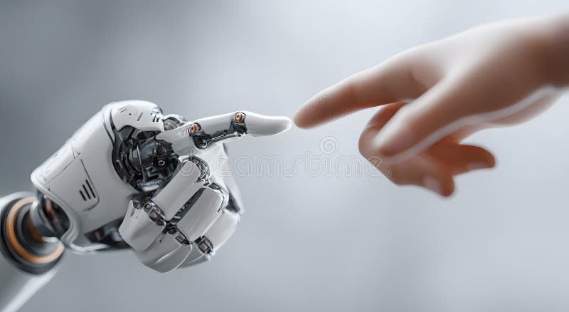 Human finger reaching towards a robot hand symbolizing connection and artificial intelligence in a clean minimalist studio setting royalty free illustration