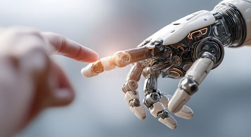Human finger touches robot hand artificial intelligence technology conceptual integration of humanity and future innovation vector illustration