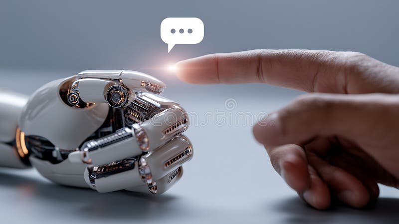 Human finger touches robot hand with chat bubble communication and technology innovation future concept stock illustration