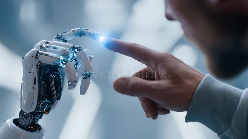 Human finger touches robot hand futuristic technology concept artificial intelligence development interaction between man and stock illustration