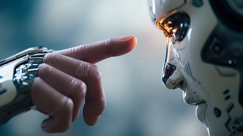 Human finger touches robotic face artificial intelligence concept connecting future technology and humanity futuristic interaction royalty free illustration