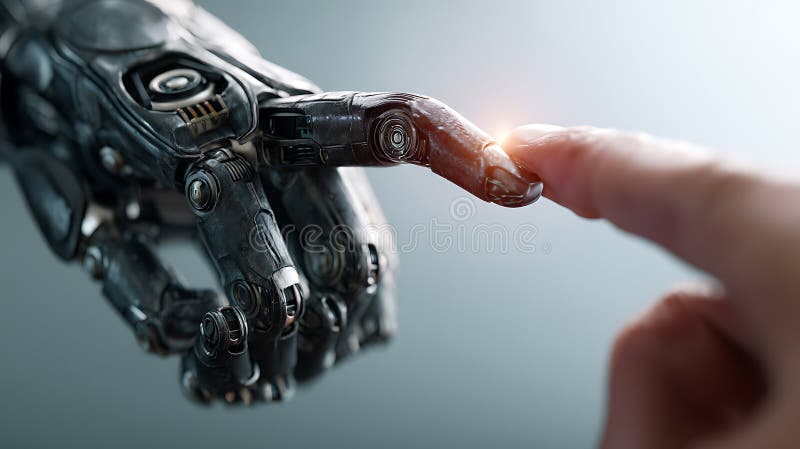 Human finger touches robotic hand depicting future technology artificial intelligence and connection between humanity and robots vector illustration