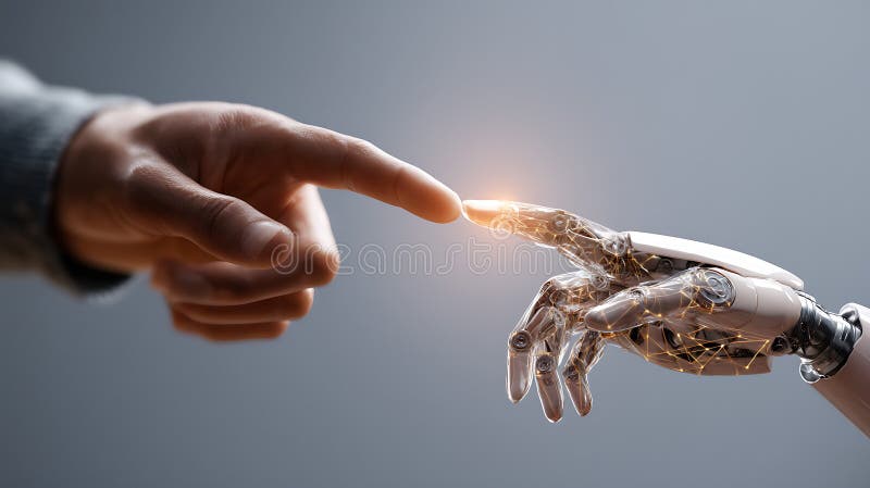 Human finger touching robot hand artificial intelligence innovation and future technology concept representing connection stock illustration