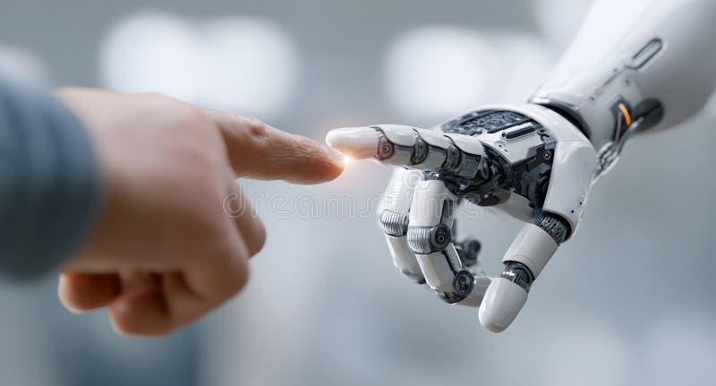Human finger touching robot hand connection communication future technology artificial intelligence development concept vector illustration