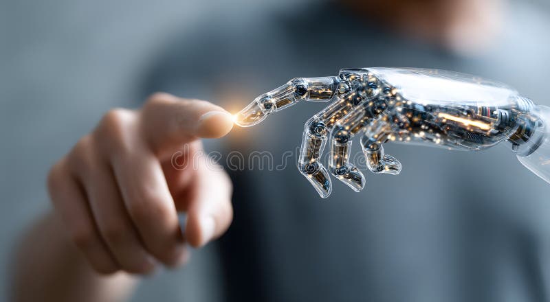 Human finger touching a robot hand depicting artificial intelligence and future technology concept close up view royalty free illustration