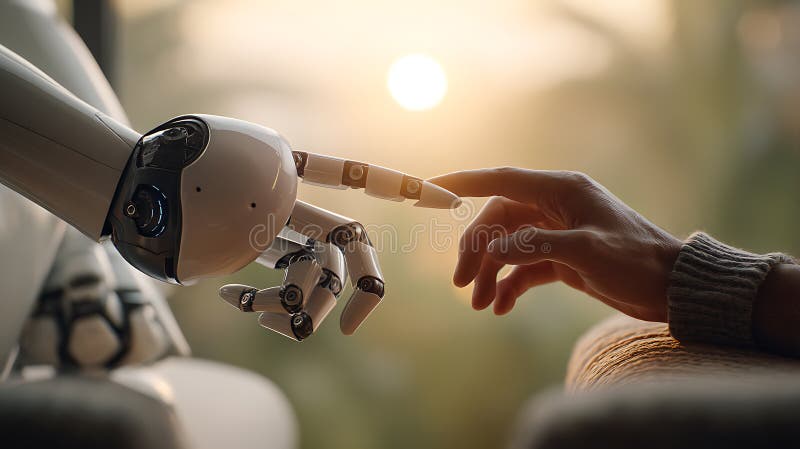 Human finger touching robot hand representing artificial intelligence connection and future technology with blurred background and stock illustration