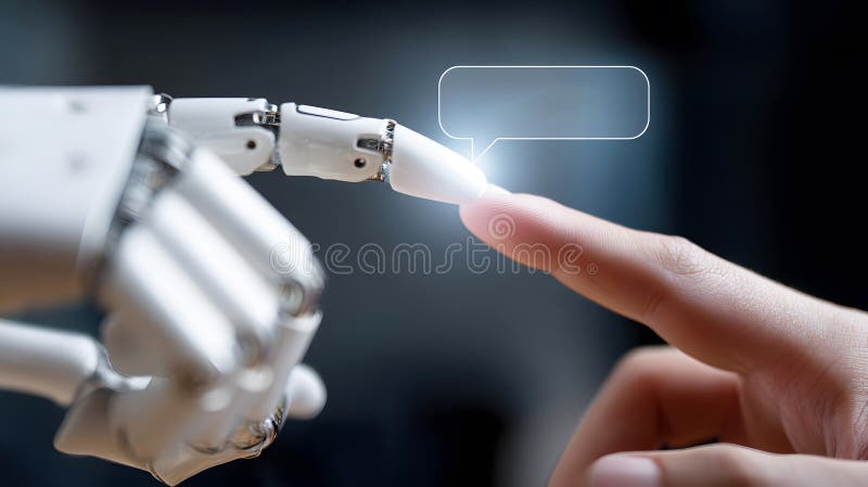 Human finger touching robot hand symbolizing connection and future technology interaction with glowing speech bubble for message stock illustration