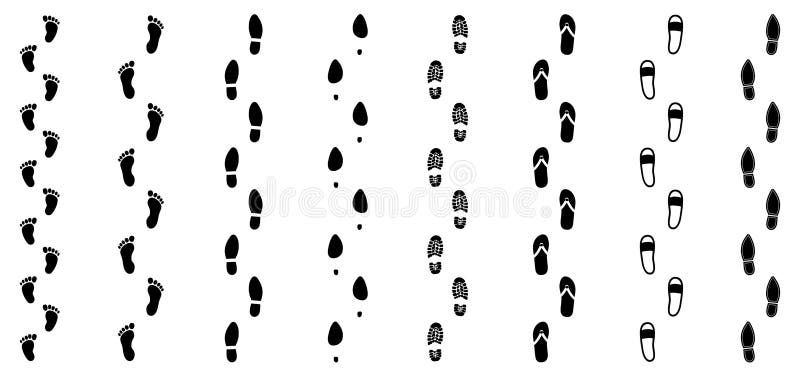 Human footprint lines set, different human shoe prints, footprints, barefoot sign stock illustration