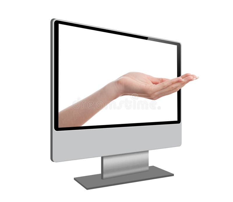 Human hand coming out from computer screen