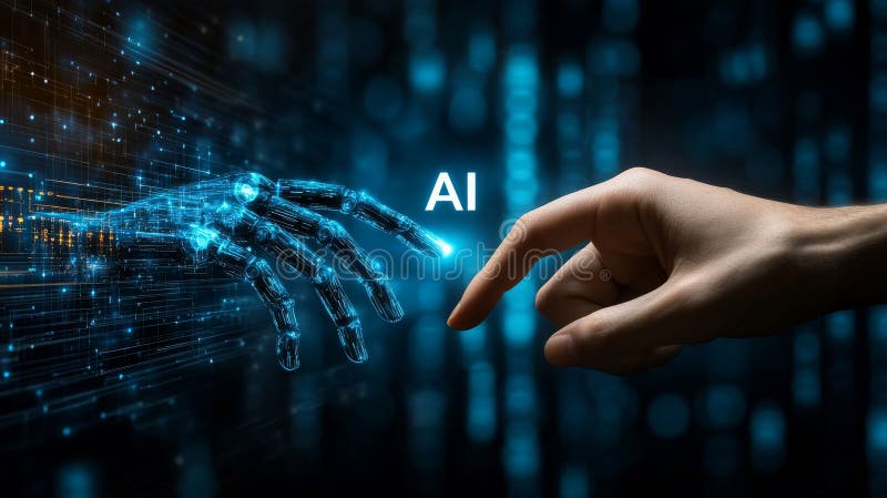A human hand extends toward a digital, translucent robotic hand, symbolizing the connection between humanity and stock photos
