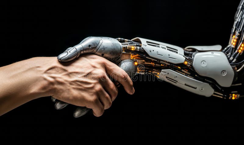 Human hand grasping a robotic hand, symbolizing the intersection of humanity and artificial intelligence in modern technology. Generated with the use of AI