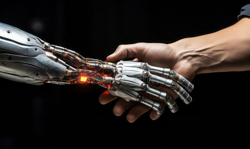 Generated with the use of AI. Human hand grasping a robotic hand, symbolizing the intersection of humanity and artificial intelligence in modern technology. Generated with the use of AI. Human hand grasping a robotic hand, symbolizing the intersection of humanity and artificial intelligence in modern technology
