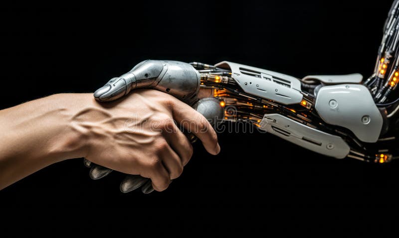 Generated with the use of AI. Human hand grasping a robotic hand, symbolizing the intersection of humanity and artificial intelligence in modern technology. Generated with the use of AI. Human hand grasping a robotic hand, symbolizing the intersection of humanity and artificial intelligence in modern technology