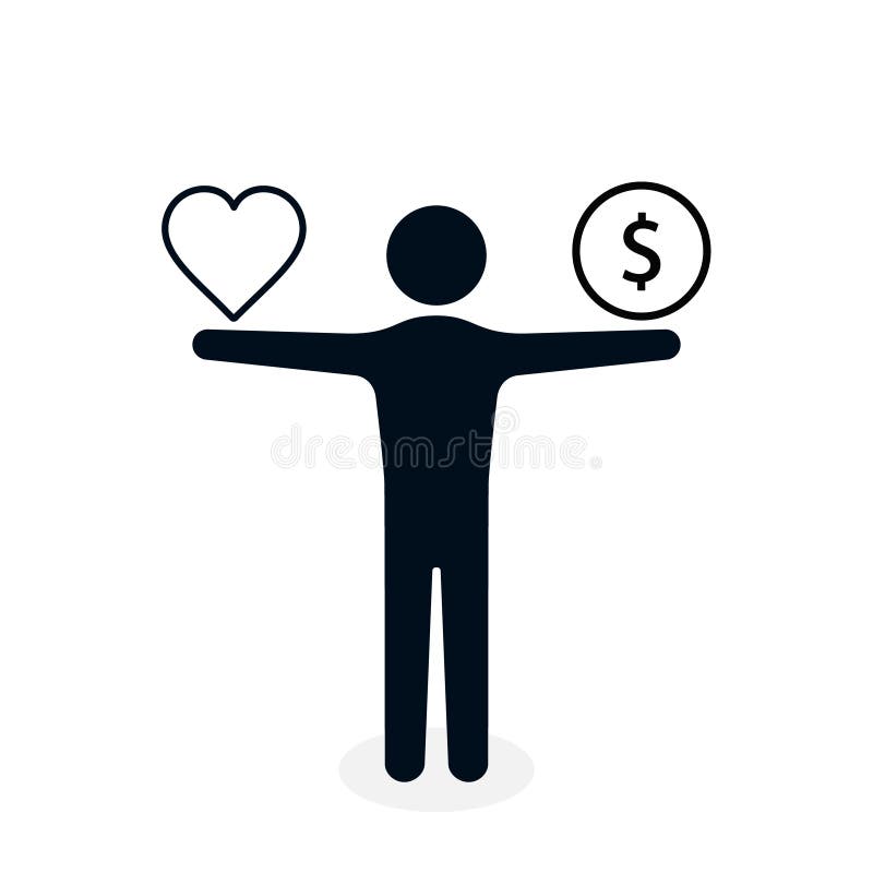 Human hand with heart sign and money coin icon. Work life balance concept. Vector illustration