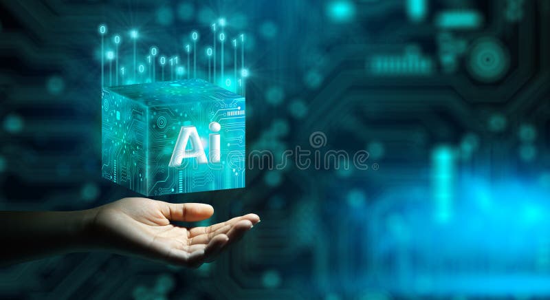 Human hand holding Ai Processor chip of Cube Technology. Artificial intelligence learnability Concept royalty free illustration