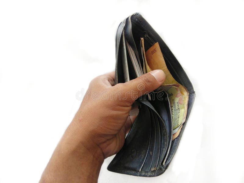 Man hand open the brown handmade leather empty wallet on white background  Stock Photo