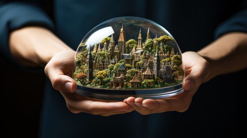 Human hand holding green city stock illustration