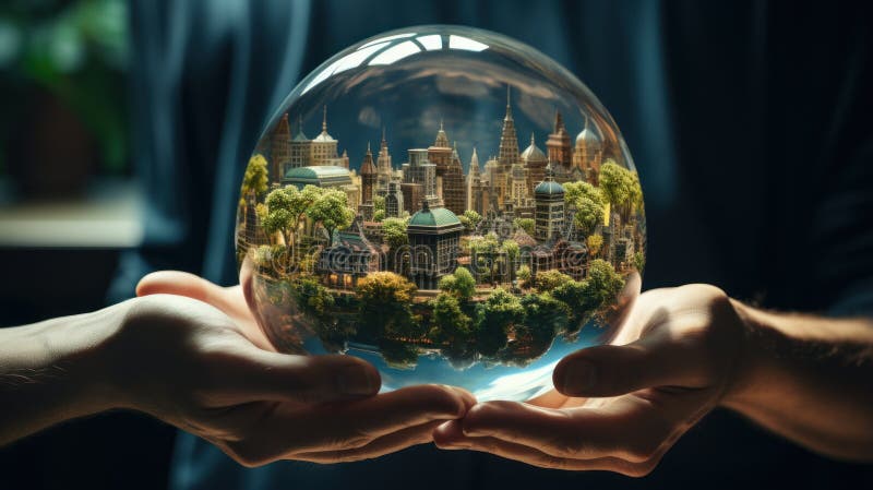 Human hand holding green city royalty free illustration