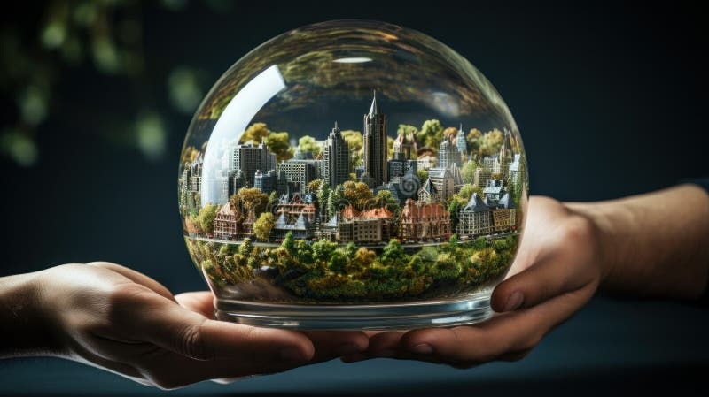 Human hand holding green city royalty free illustration