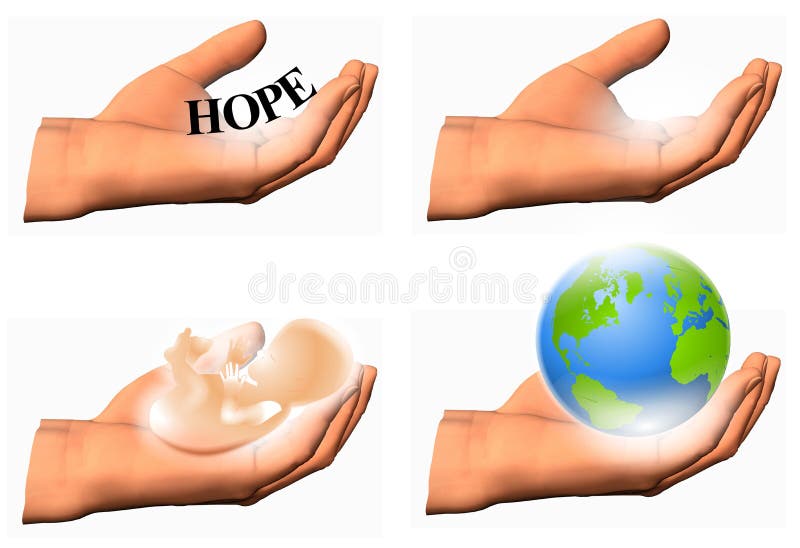 A clip art illustration featuring your choice of 4 human hands - one holding the word 'hope', another holding a fetus, one holding the earth and one empty hand for whatever you need to add. A clip art illustration featuring your choice of 4 human hands - one holding the word 'hope', another holding a fetus, one holding the earth and one empty hand for whatever you need to add