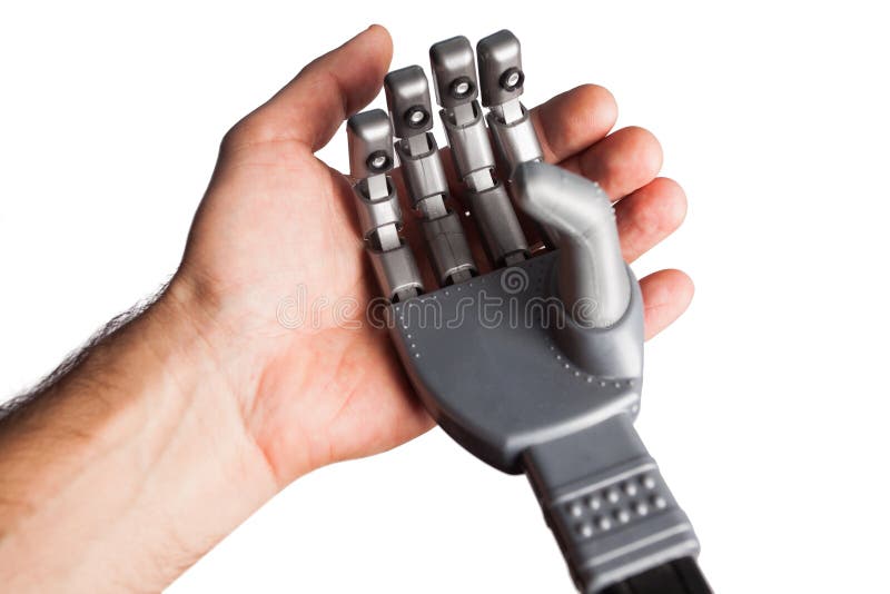 Caucasian male hand holding robotic hand. Black robots stock images, royalty-free photos and pictures