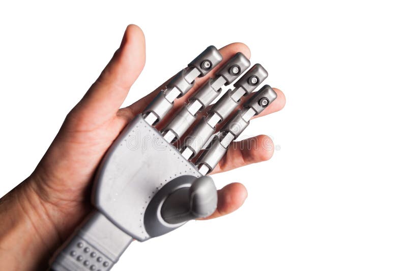 Elderly woman hand holding robotic hand. Black robots stock images, royalty-free photos and pictures