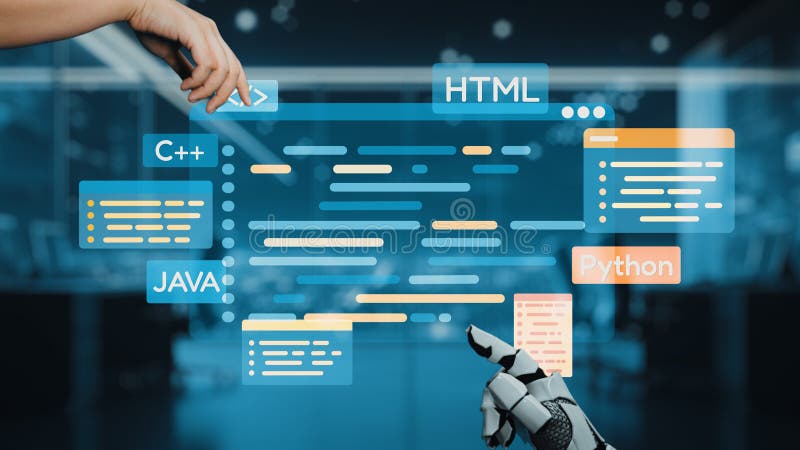 Human hand interacting with a robotic hand amidst programming code displayed in various programming languages for royalty free stock photo