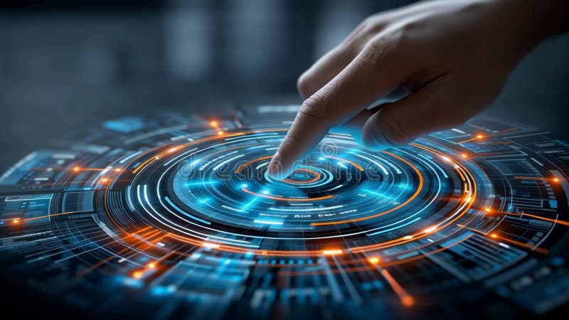 Human hand interacts with futuristic digital interface technology. vector illustration