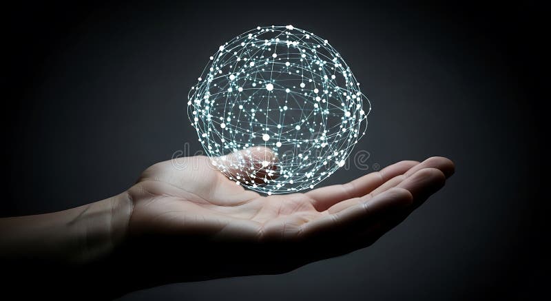 A human hand, with an open palm, supports a luminous, spherical network of stock illustration