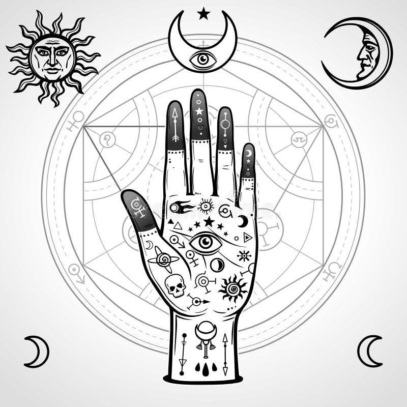 Human Hand Painted with Magic Symbols. Alchemical Circle of ...