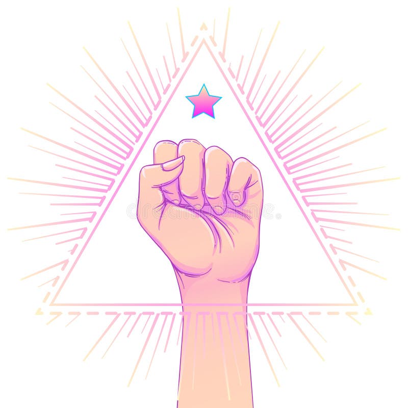 Human hand raised up over triangle shape with rays. Symbol of fighting, Revolution, protest, riot. Masonic sign. Fight like stock illustration Human hand raised up over triangle shape with rays. Symbol of fighting, Revolution, protest, riot. Masonic sign. Fight like stock illustration