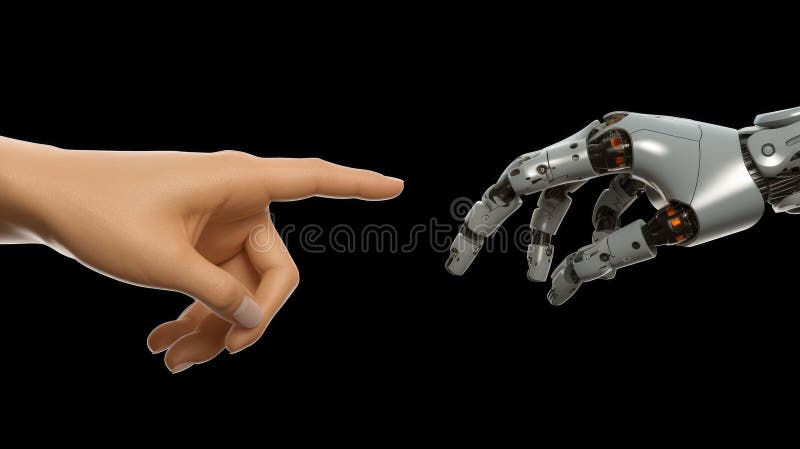 Human hand and robot hand pointing, Robot connect to human vector illustration