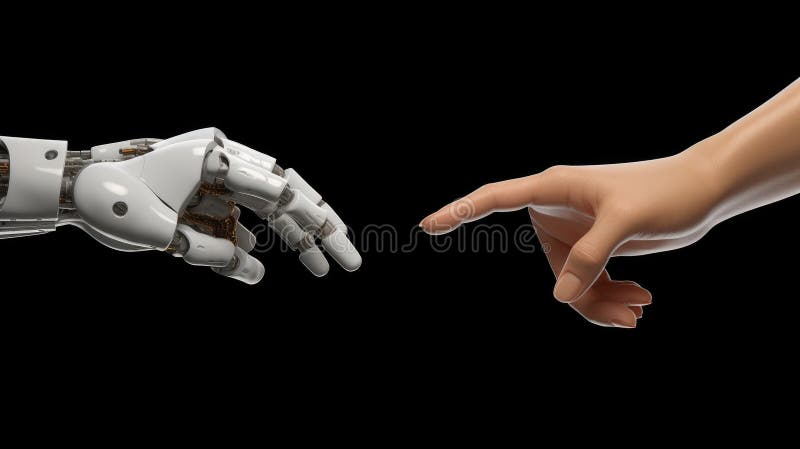 Human hand and robot hand pointing, Robot connect to human vector illustration