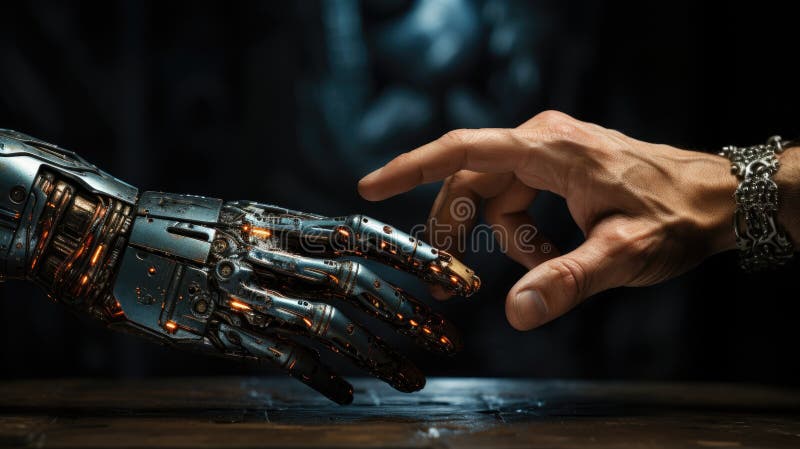 Human hand and robot hand pointing, Robot connect to human vector illustration