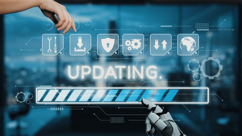 Human hand and robotic hand interacting with digital display showcasing software update progress bar in modern office stock image