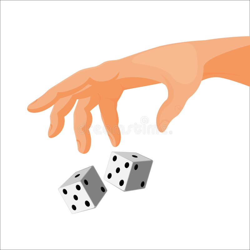 Human hand throws black and white dice isolated illustration.