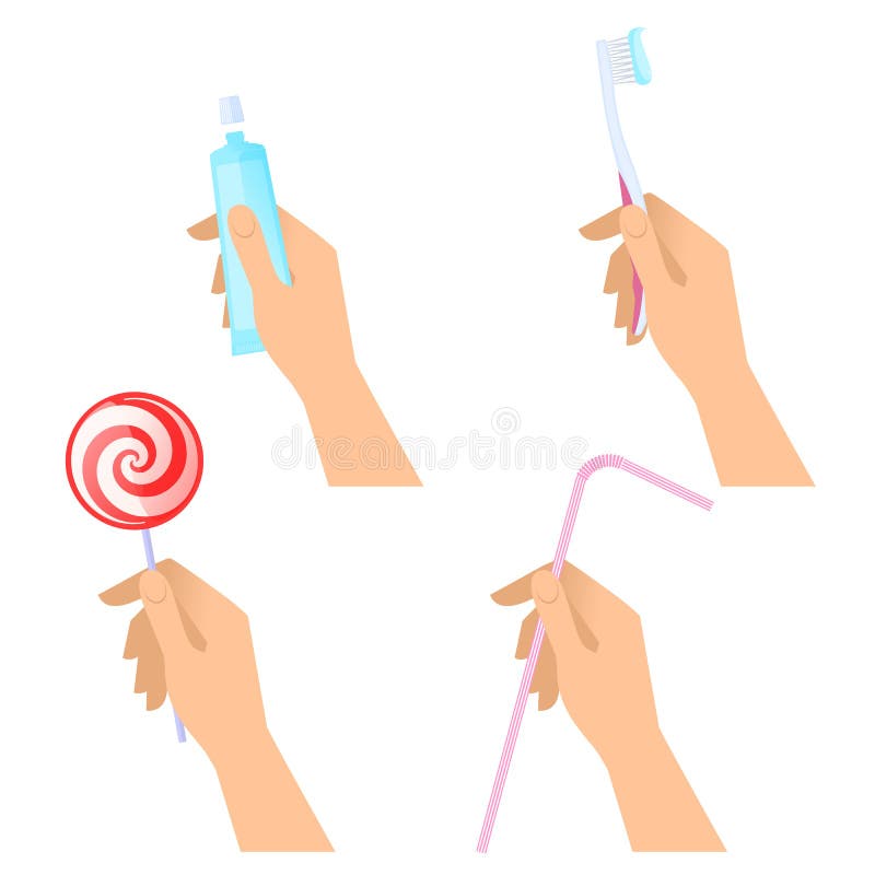 Human hands hold toothbrush, toothpaste tube, lollipop and drink royalty free illustration Human hands hold toothbrush, toothpaste tube, lollipop and drink royalty free illustration