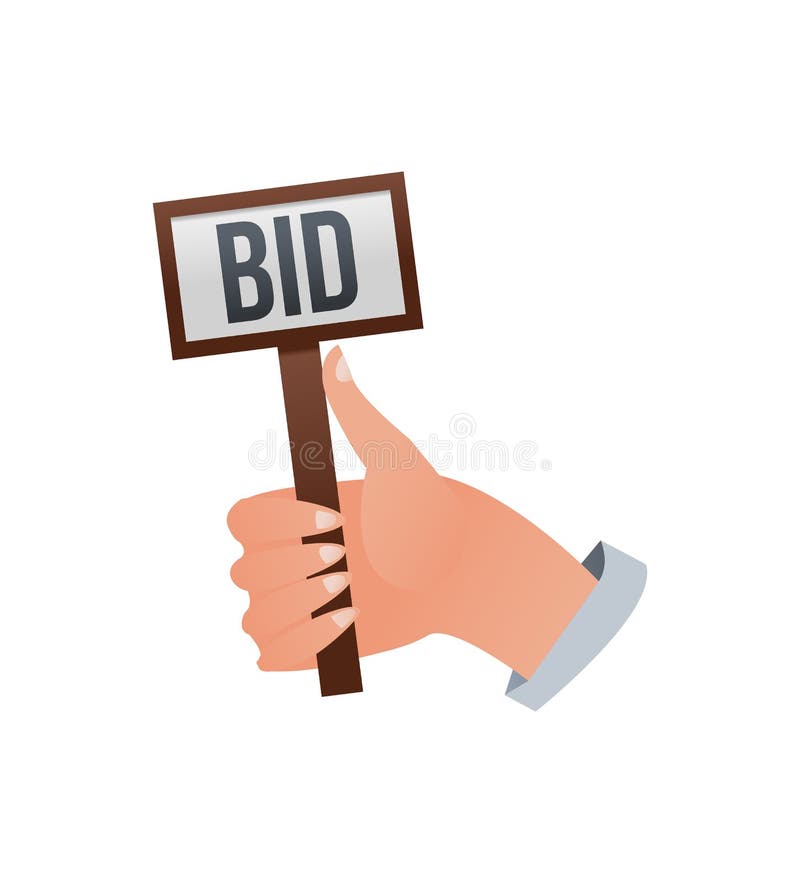 Human hands holding BID signs. Potential buyers making higher bids to get goods and property vector illustration stock illustration Human hands holding BID signs. Potential buyers making higher bids to get goods and property vector illustration stock illustration